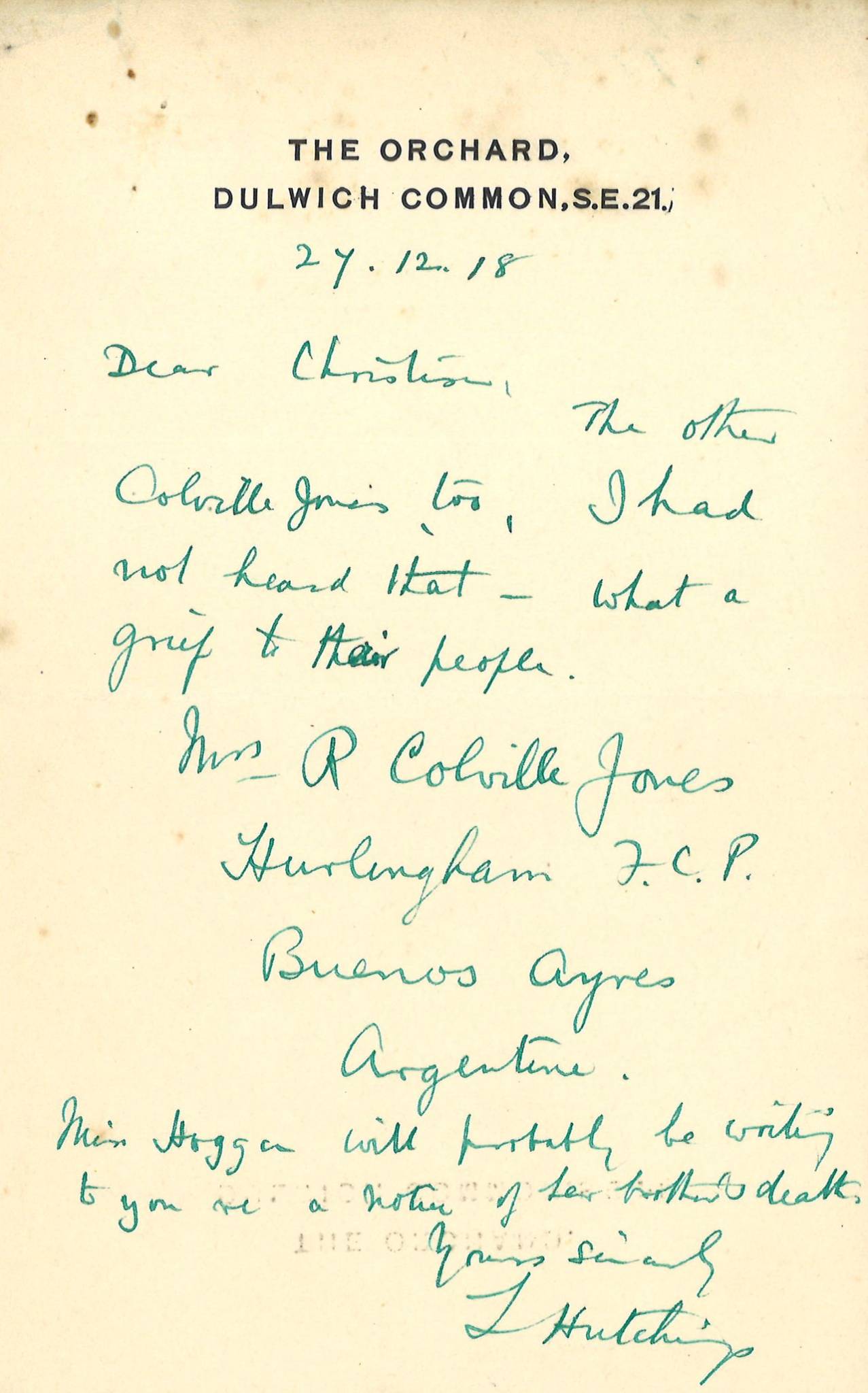 Colvill-Jones R Hutching Letter