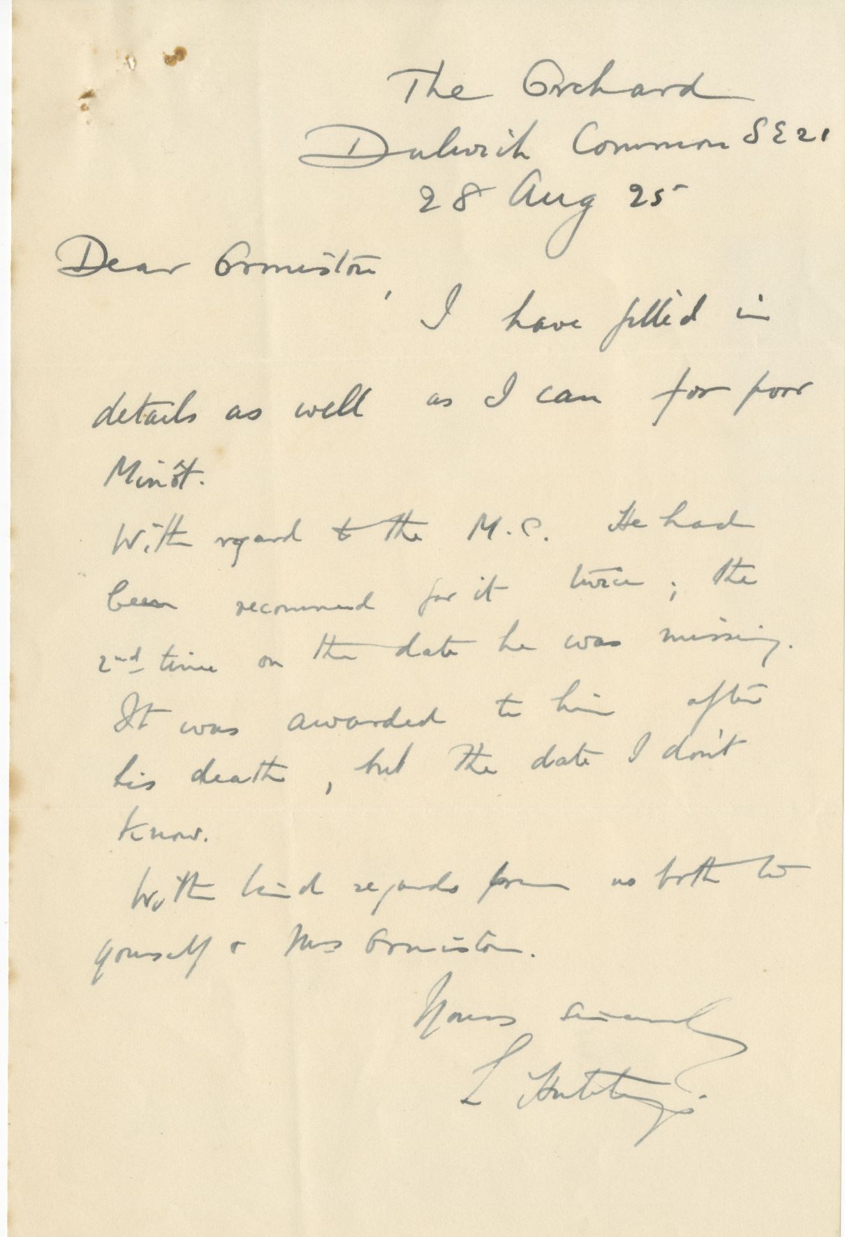 Minot L Hutchings Letter
