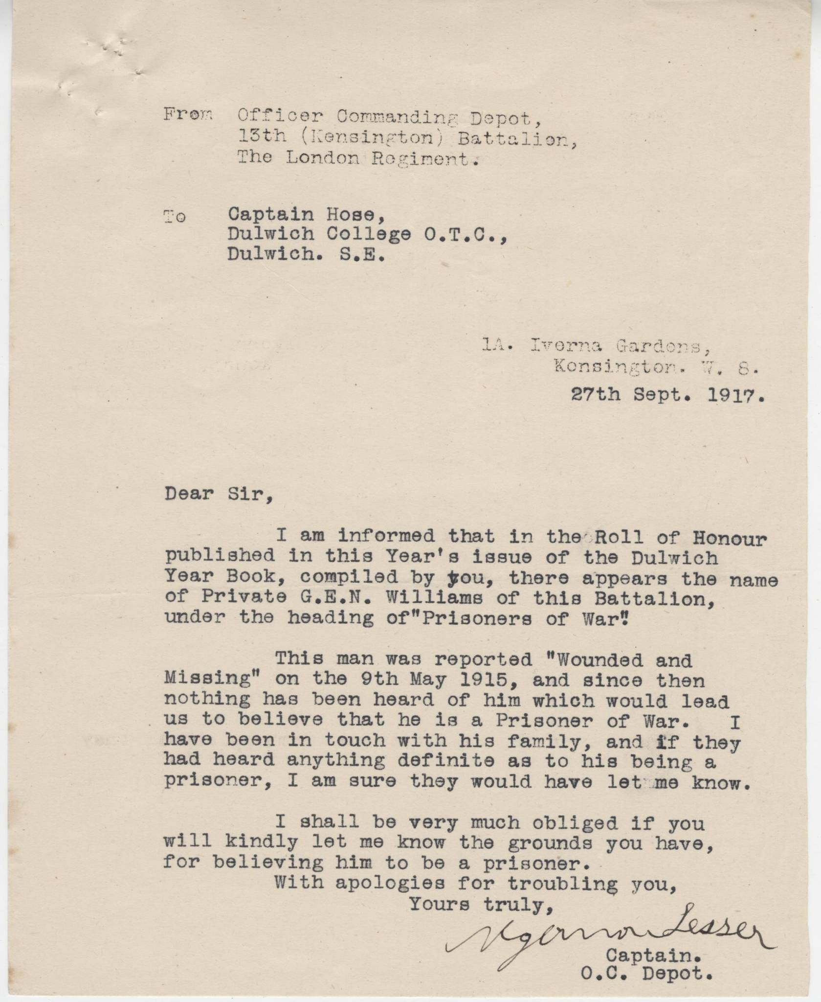 Williams GEN Kensington Battalion Letter