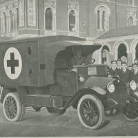 Photo taken during WW1 of an ambulance on College grounds