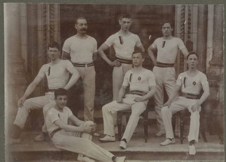 Photograph of the 1909 Gymnastics VI sport team. The only one of the fallen pictured is H.G.W. Wood.